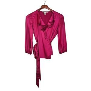 Diane von Furstenberg Marla 100% Silk Ruffled Wrap Blouse Fuchsia Pink Size 2